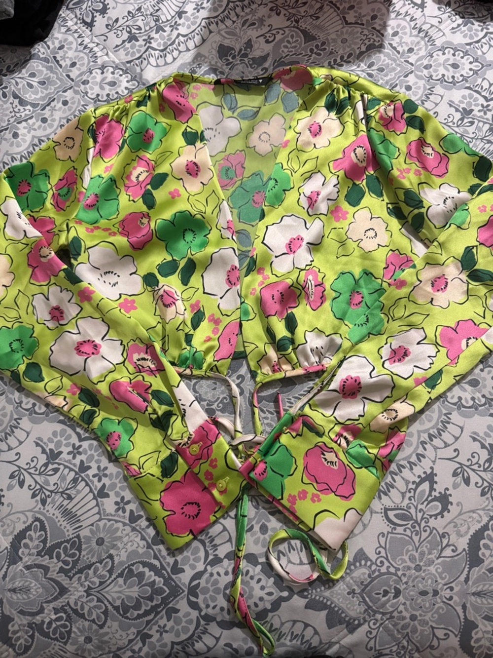 Zara Lime Green Floral Tie-Front Blouse